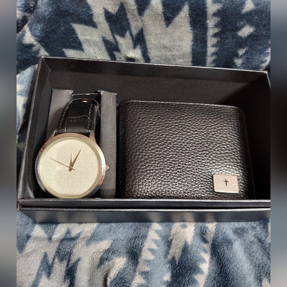 NIB SteelTime Lord's Prayer Watch & Wallet Set Black, Silver & Cream